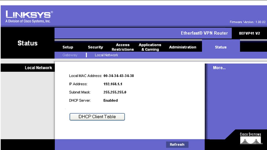 Local Network The Local Network screen displays information about the local network. Local MAC Address. The MAC Address of the Router s LAN (local area network) interface is displayed here.
