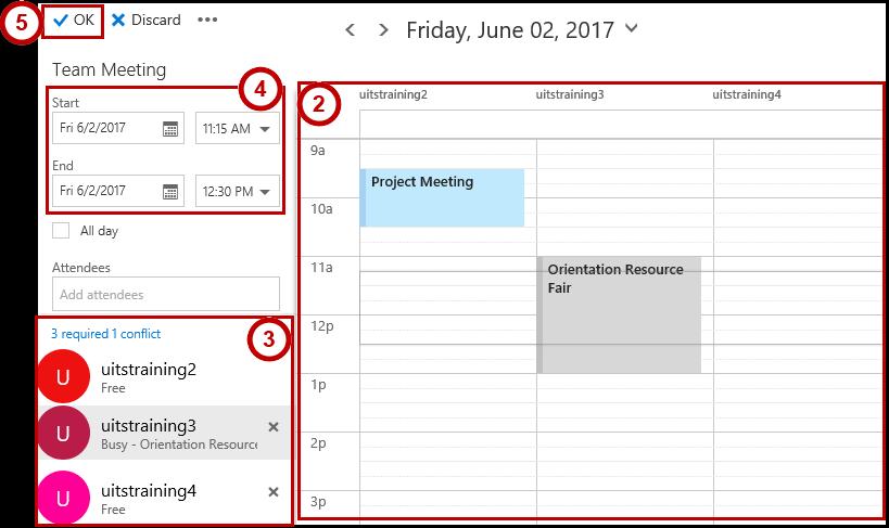 Using the Scheduling Assistant The scheduling assistant can help you find the best time for a meeting by displaying when attendes and meeting resources (e.g. rooms) are available. 1.