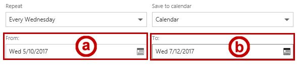 2. Additional options will be displayed allowing you to set the duration of the repeating calendar item: a. From: Enter the start time for the calendar item (See Figure 13). b. To: Enter the end time for the calendar item (See Figure 13).