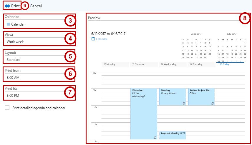 4. Under View, select a calendar view (See Figure 38). 5. Under Layout, select a print layout (See Figure 38). 6. Under Print from, select a start time (See Figure 38). 7.