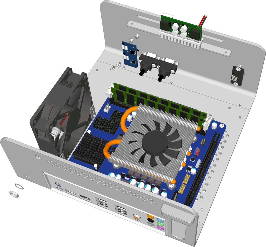 Install / Connect the Power Button, PSU, Optional IR & Other Cables With the motherboard and fan installed, you can now connect the PSU and any other internal connections such as the SATA cables in