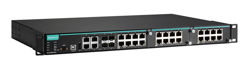IKS-6728A-8PoE Series 24+4G-port Gigabit modular managed PoE+ Ethernet switches Up to 36 W output per PoE+ port 8 built-in PoE+ ports compliant with IEEE 802.