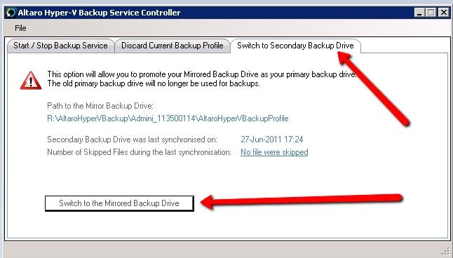 Once the "Switch to Mirror backup drive" button is clicked then the user will be prompted to confirm. Once the switch is performed successfully then the user will be notified.