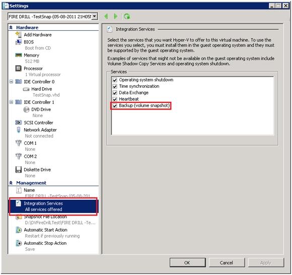 Requirements for Live Backups Backup (volume snapshot) Integration Service is installed and running in the child VM. The service name is "Hyper-V Volume Shadow Copy Requestor".