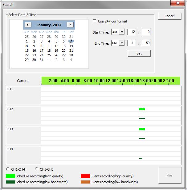 To select a record to play 1. Click on the Calendar button to open the Search dialog. Select Date & Time Click on the date you want to review in the calendar.