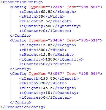 Examples Test XML: FB_ProductionConfigData GetConfig (method) This method reads the production recipe for a product from an XML file. XPath queries can be used to find the required recipe.