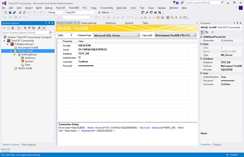 Configuration 5.1.1.1.1 User interface components The TwinCAT Database Server is integrated in Visual Studio 2013 and Visual Studio 2015.