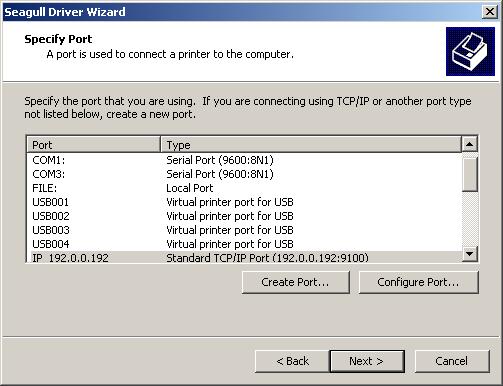 You are now returned to the Specify Port window, having the IP address designated as the Port. Click on the Next > button to continue. The Specifiy Printer Name window will be displayed.