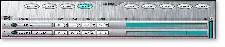 5 - Preset Editor Key Window Page To Realtime Crossfade Two Voices: 1. In order to realtime crossfade voices, they must first be assigned to the same key range.