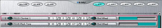 section (page 53) and allows you to set the velocity range for each linked preset. In the example below the presets are set to crossfade from Link 1 to 2 as the key velocity is increased.