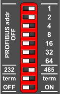 2.4 Selection of the PROFIBUS address Use the switches 1,2,4,8,16,32,64 to select the PROFIBUS address of the VPGate. (VPGate default factory setting is address 3).