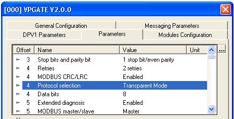 Name Description Possible values MODBUS RTU Protocol selection Mode selection MODBUS ASCII transparant Extended diagnosis Enable or disable PROFIBUS extended diagnosis Enabled Disabled Interframe