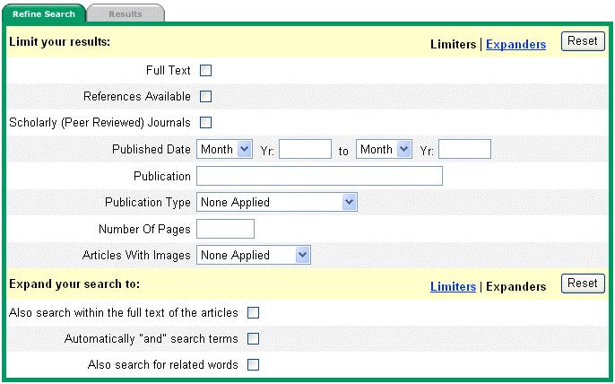 Refine Search Options Limiters: User limiters to narrow down your search to fewer results. Examples of limiters are Full Text, Scholarly (Peer Reviewed) Journals, Publication, and Date Published.