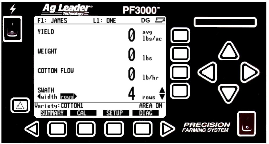 General PF3000 Cotton Yield Monitor Display Selection Keys Memory Card Slot Power Switch Arrow Keys Menu Key Area Count Switch Menu Selection Keys Figure 1: Front panel of the PF3000 Arrow Keys The