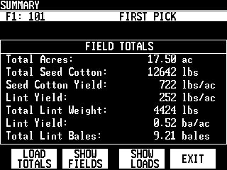 PF3000 Cotton Yield Monitor Summary Introduction The summary screen shows totals and averages for the fields and loads.