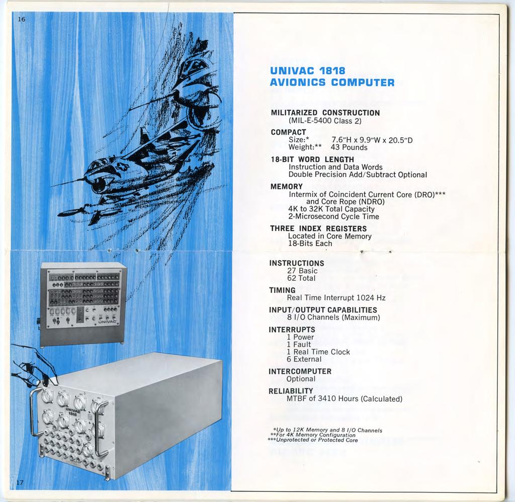 UNIVAC 1818 AVIONICS COMPUTER (MIL-E-5400 Class 2) COMPACT Size:* Weight:** 7.6"H x 9.9"W x 20.