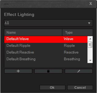 Lighting Editing Options from Effect Lighting From the list of lighting profiles in Effect Lighting, you can click the three icons below to add ( + ), delete (trash bin icon), or edit (pencil icon)