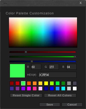 Color Palette Customizing the Color Palette After clicking on the Color Palette button, a Color Palette Customization window will pop up. To change a color: 1. Click the color you want to change. 2.