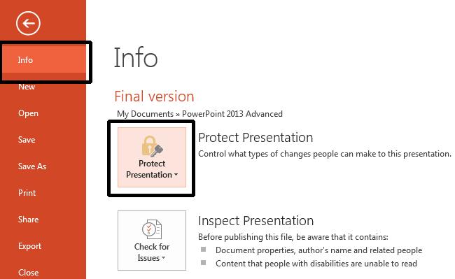 Click on the Protect Presentation button.