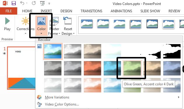 PowerPoint 2013 Advanced Page 71 Click on the Color button within the Adjust group. From the drop down list displayed, select a colour.
