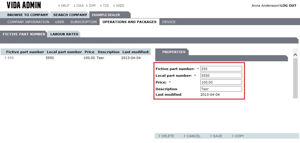 3.4.1 The FICTIVE PART NUMBER sub tab The FICTIVE PART NUMBER sub tab, contains information used to map the fictive part numbers in GPSS to the dealers' local part numbers.