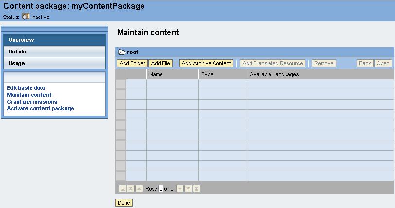 4. This screen shows the content of your Content Package Object. You can see the current folder at the top of the content table, on the left.