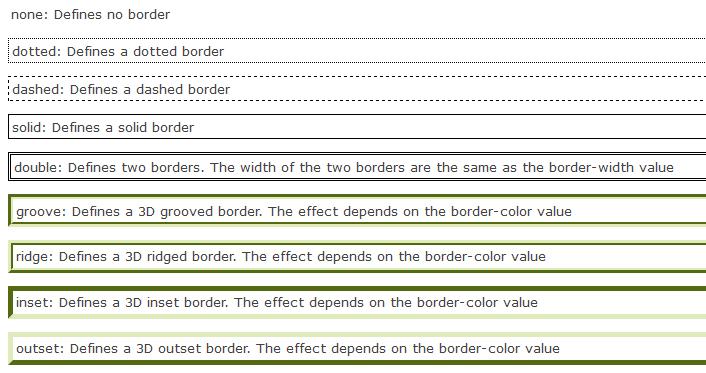 Syntax border-style values: border-style: value; Border Width - used to set the width of the border The width is set in pixels or by using one of the three pre-defined values: thin, medium, or thick