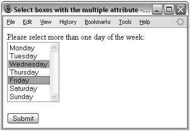 Selecting Multiple Options Selecting Multiple Options Example The multiple attribute allows users to select more than one item from a select box.