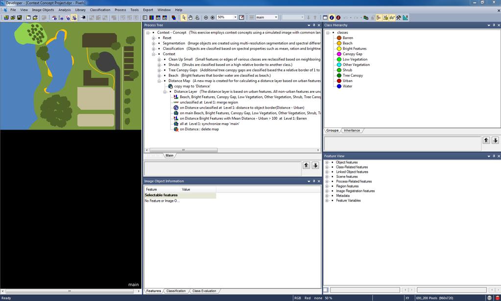 8. ecognition has the capability to display many functional based windows. The Developer view above shows those windows most frequently used to develop the rule set to classify a scene.