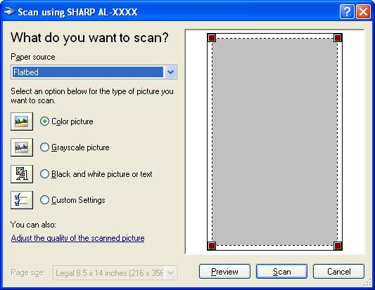 SCAN Scanning from a WIA-Compliant Application (Windows XP) (part ) Select the paper source and picture type, and click the "Preview" button. The preview image will appear.