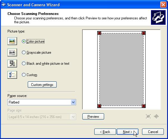 SCAN Scanning from the "Scanner and Camera Wizard" (Windows XP) (part ) 5 Select the "Picture type" and "Paper source", and click the "Next" button.