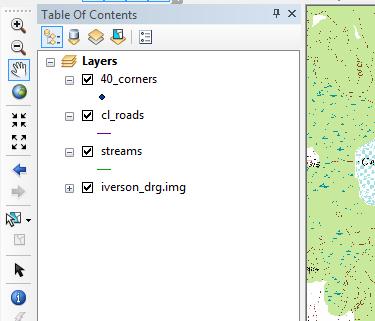 Practice and More Tools Create a new project (a Blank Map ) and add the following layers to your map: 40_corners, Cl_roads Streams Iverson_drg (NOTE: CL_ROADS NOT ROADS ) Setting the Layer Order