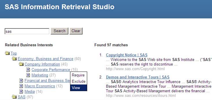 This hierarchical structure is a matched portion of the same taxonomy that appears in the Taxonomy pane of the SAS Content Categorization Studio user interface.