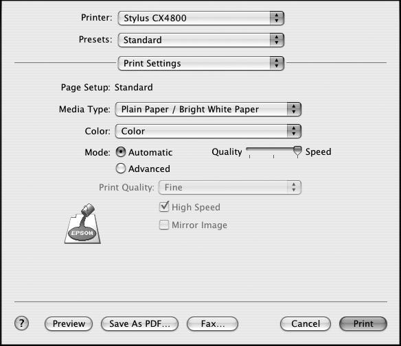 6. Choose Print Settings from the pop-up menu and select the following settings as necessary: Select your Media Type (see page 25) Select Color or Black ink Select higher quality or faster printing