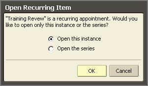 Select whether to open only the selected date or to open the series. The Appointment page opens. 5. Make your changes.