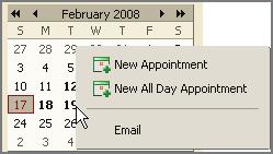 Within an email message, certain text is interpreted as a date and triggers the ability to right-click to create an appointment.