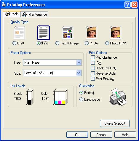 You see your printer Properties (or Preferences) window. 1 Choose your document type 2 Choose your paper type 3 Choose your paper size 4 Click OK 4.