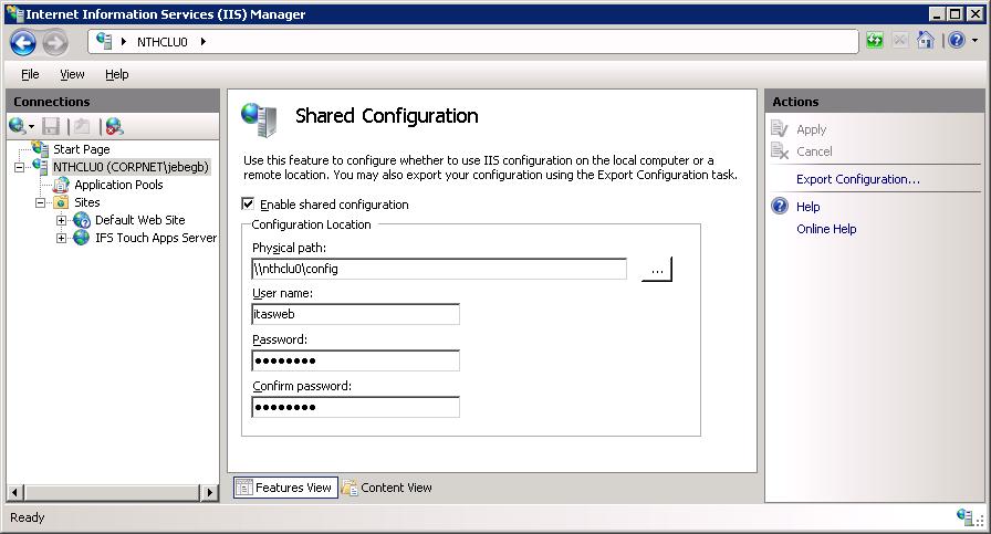 In IIS Manager, use the Shared Configuration feature and Export Configuration to the Shared Folder.
