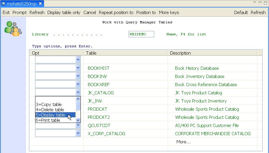 38. Using the drop-down next to the JK_CATALOG table, select 5=Display table.