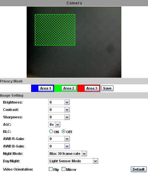 CCCA/V Setting 111Image Setting aaaprivacy Mask: For the security purpose, there are three areas can be setup for privacy mask. Click Area button first and drag an area on the above image.
