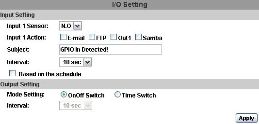 333I/O Setting aaainput Setting: IP Camera supports input and output. When the input condition is triggered, it can trigger the relay, send the video to mail addresses /FTP server / SAMBA.