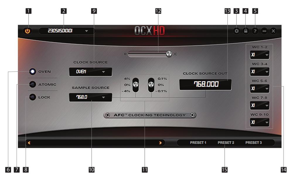 7. Software Control Panel 1. Standby button Powers the OCX HD on and off. 2. Device S/N Shows which device is controlled.