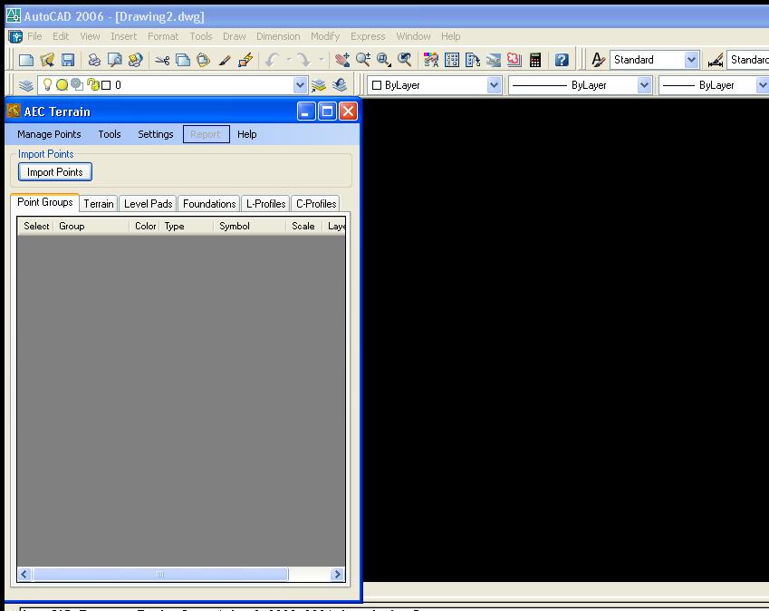 Program Flash Opens with AutoCAD 2.2 Program Interface 4. AEC Terrain Interface contains the following components 5. Top Menu : Creating Points, Tools, Reports and Help 6.