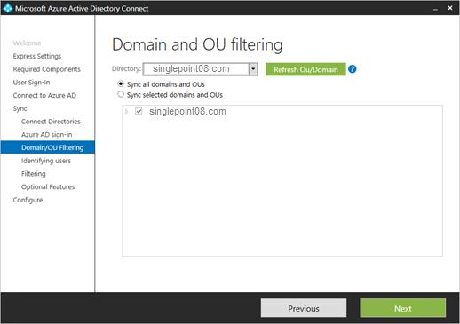 10. On the Domain/OU Filtering screen, you can select to sync all OUs to Azure AD, or unselect all and select specific OUs. 11.