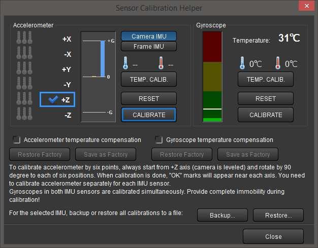 Using the Software PC/MAC - Accelerometer 5.7 Calibrating the Accelerometer A calibration of the acceleration sensors is necessary for the exact determination of a position change of the camera.