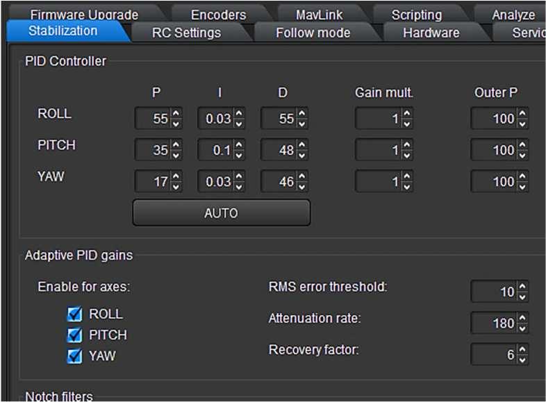 Using the Software PC/MAC PID control 5.10.2 Automatically optimize the PID control settings 11. Automatically optimize the PID control settings. Before you start ensure that the Gimbal is stable.