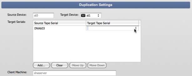 (See screenshot below) Step 8: Select the tapes you wish to duplicate. Ensure there are available (formatted, part of the system and have zero bytes used) tapes in the autoloader.