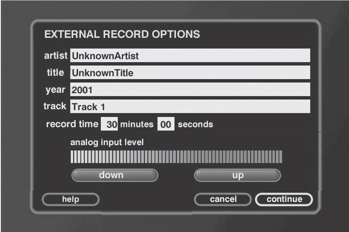 In the Music Guide, navigate to the External Group, highlight the external input you want to record, and press the RECORD button on the remote or front of the unit. 4.