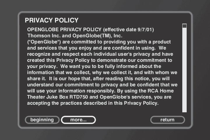 Chapter 5: Advanced Features Privacy Policy This screen provides all the legal disclaimers and warranty information for the product. 1. Press SETUP (the SETUP menu appears). 2.