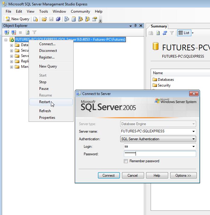 Restart the server (you may have to run the application as an admin in window 7 to be able to do this) and login with SQL Server Authentication using Sa